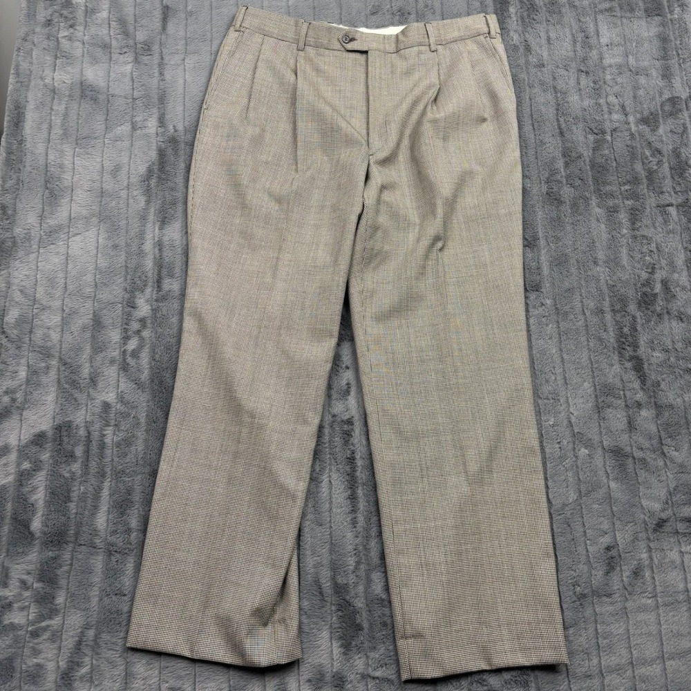 Stafford Mens 38x31 Wool Pleated Dress Pants Houndstooth Black White Slacks